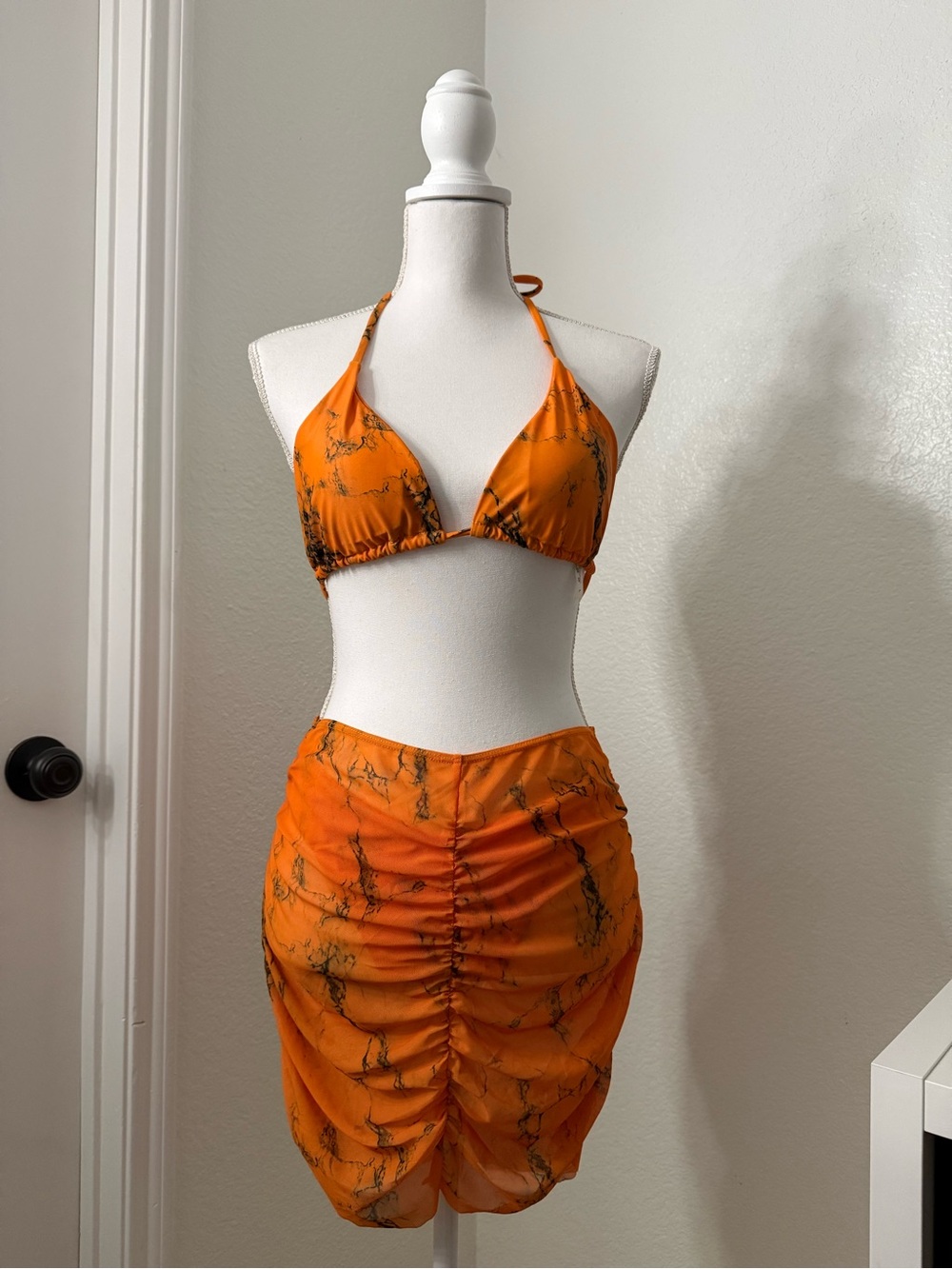 Orange Marble Bikini with Beach Skirt Set